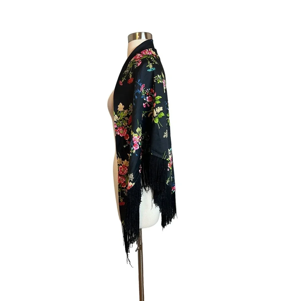 Black Women's Floral Shawl Satin With Fringe Wedding Dressy